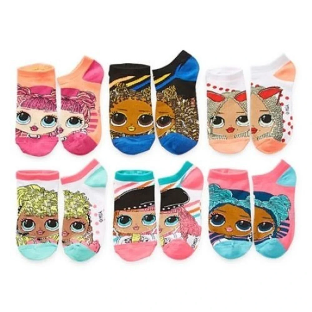 LOL Surprise Girls No Show Socks 6 Pairs Multi Color Character Graphic Size 4 10